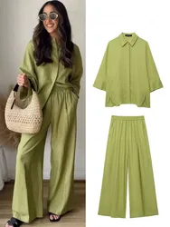 HH Women 2 Piece Set Solid Single-Breasted Slit Hem Blouse Top+Chic Elastic Waist Side Pocket Folds Decorate Wide Leg Pants