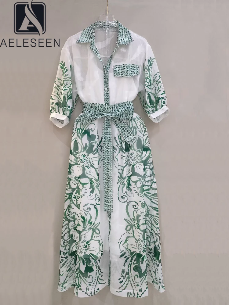 

AELESEEN Vintage Long Shirt Dress Women Lantern Sleeve Turn-down Collar Flower Print See-through Wiht Ling Eleagnt Party