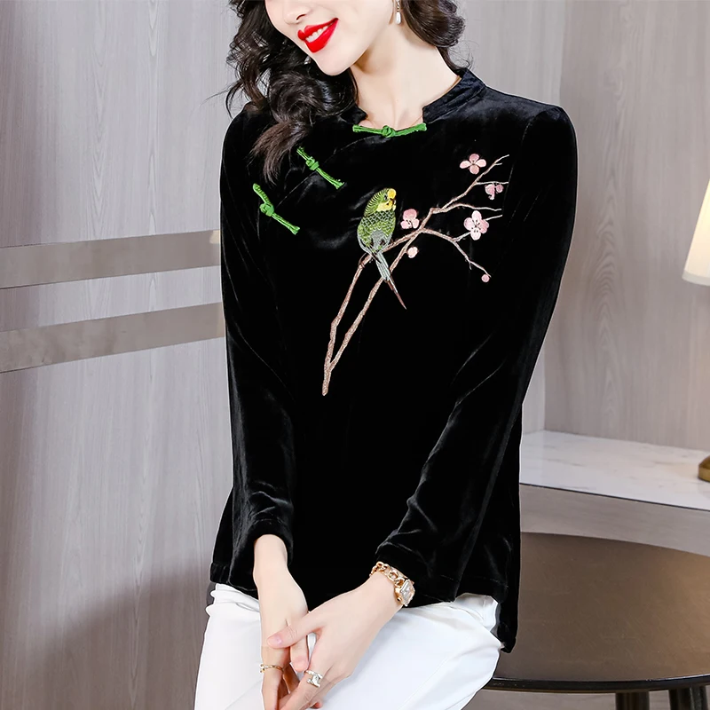 Women Korean Vintage Luxury Top Coats Autumn Winter Black Velvet Embroidery Floral Blouses 2024 Long Sleeve Elegant Casual Shirt