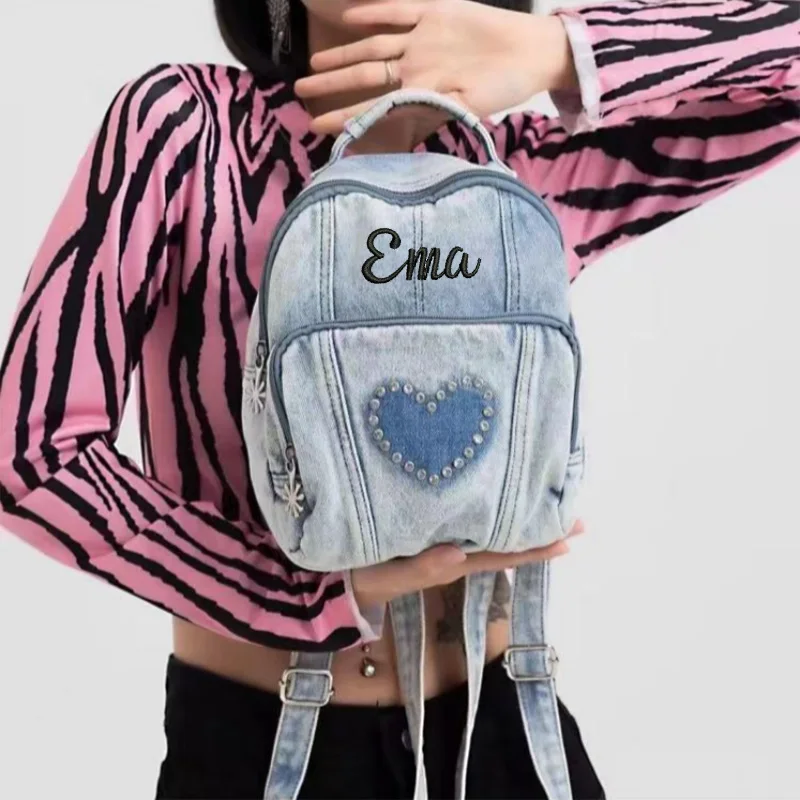 

Personalized Name Vintage Love Rhinestone Mini Wash Denim Backpack Vertical Casual Fashion Outgoing Backpack