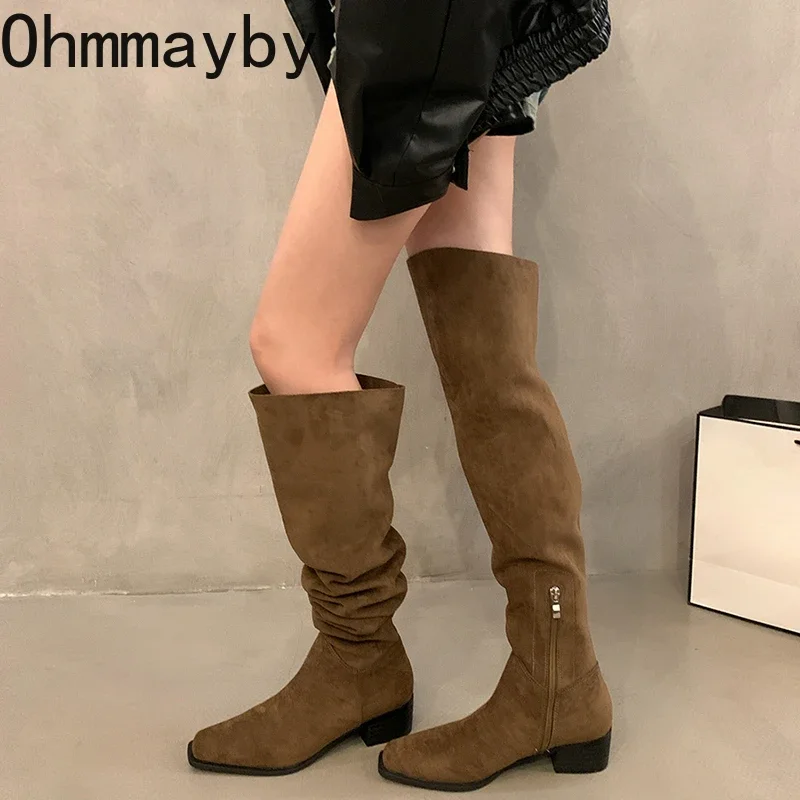 Stivali alti sopra il ginocchio da donna elasticizzati con tacco quadrato firmati Autunno Inverno Ladies Concise Long Botas De Mujer