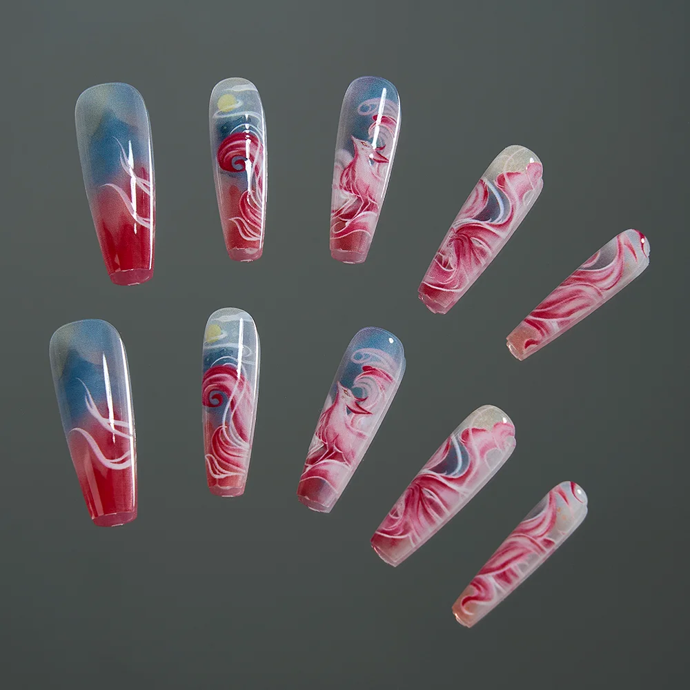 10Pcs/set Auspicious Nine-tailed Fox Printed Chinese False Nail Long Press on Acrylic Fake Nails with Glue Stick on With Design