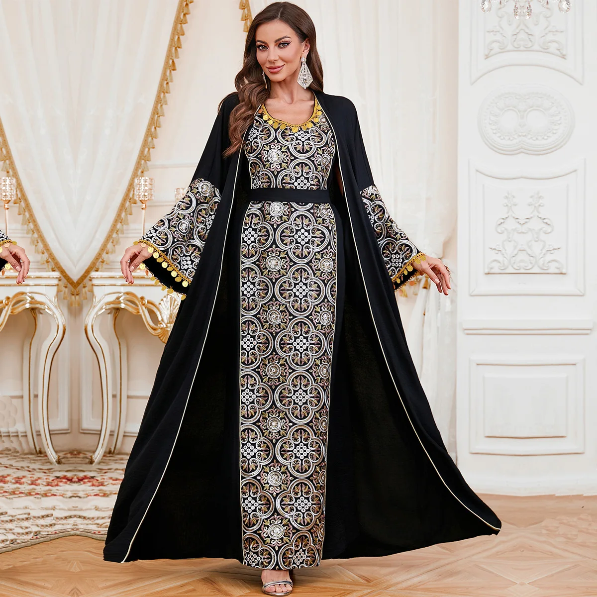 

Мусульманское праздничное платье для женщин: вышитая абайя, внутреннее платье, комплект из 2 предметов, джалабия, роба для Рамадана, кафтан, кебайя, кимоно, Дубай