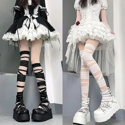 Ultrathin Women Spicy Girl Bandage Stripe Long Stockings Female Japanese Lolita Jk Y2k Sexy Summer Cross Tube White Stockings
