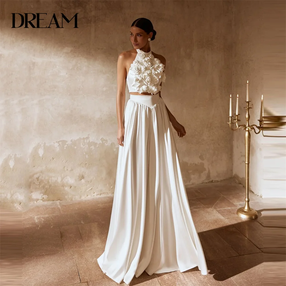 DREAM Two-Pieces Flowers A-Line Wedding Dress Women 2025 Halter Open Back Lace-up Pleat Bridal Gown Vestido De Noiva Customized