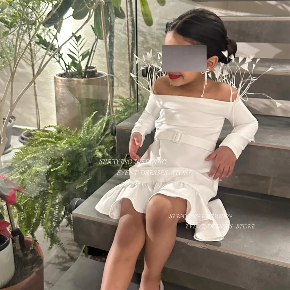 SPRAYING Evening Dresses for Children Boat Neck Full Sleeves Girl Dresses Knee-Length Pleat Ruffle Birthday Shooting Dress