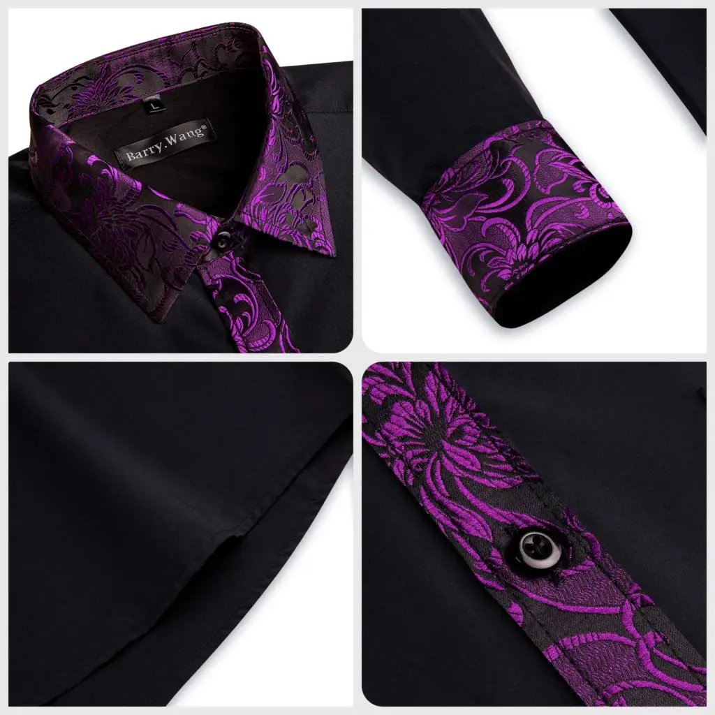 Designer Shirts for Men Silk Long Sleeve Black Patch Purple Flower Spring Autumn Slim Fit Male Blouses Casual Tops Barry Wang