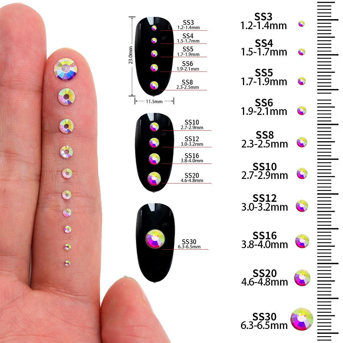 Crystal AB Series SS3-SS30 Fondo dorato Strass in vetro glitterato non hotfix multi-dimensione per la decorazione di diamanti in cristallo per nail art