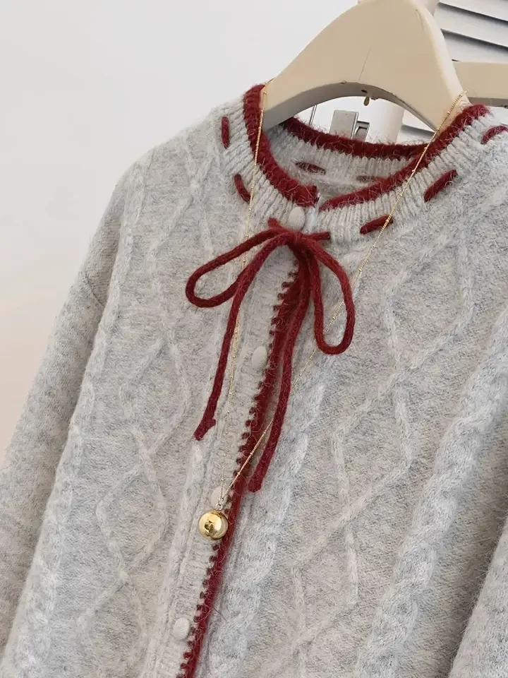 Lente Herfst Nieuwe Grijze Strik Gebreide Trui Dames Contrast Koreaanse Korte Jas Ronde Hals Elegante Single-breasted Vest Top