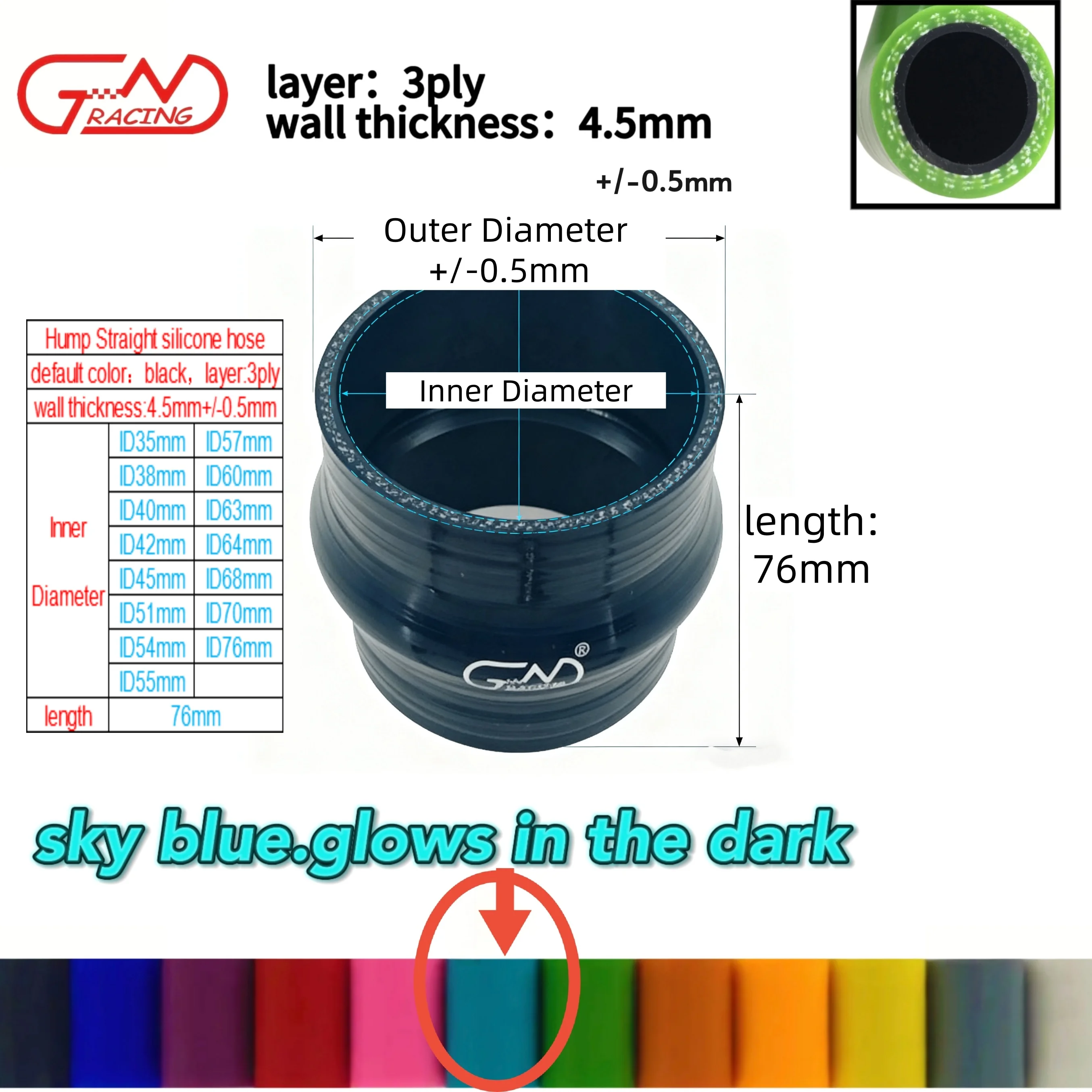 

Black ID35-76mm,Length 76mm Silicone Tubing Hose Hump Straight Connector Car Intercooler Turbo Intake Coupler Universal