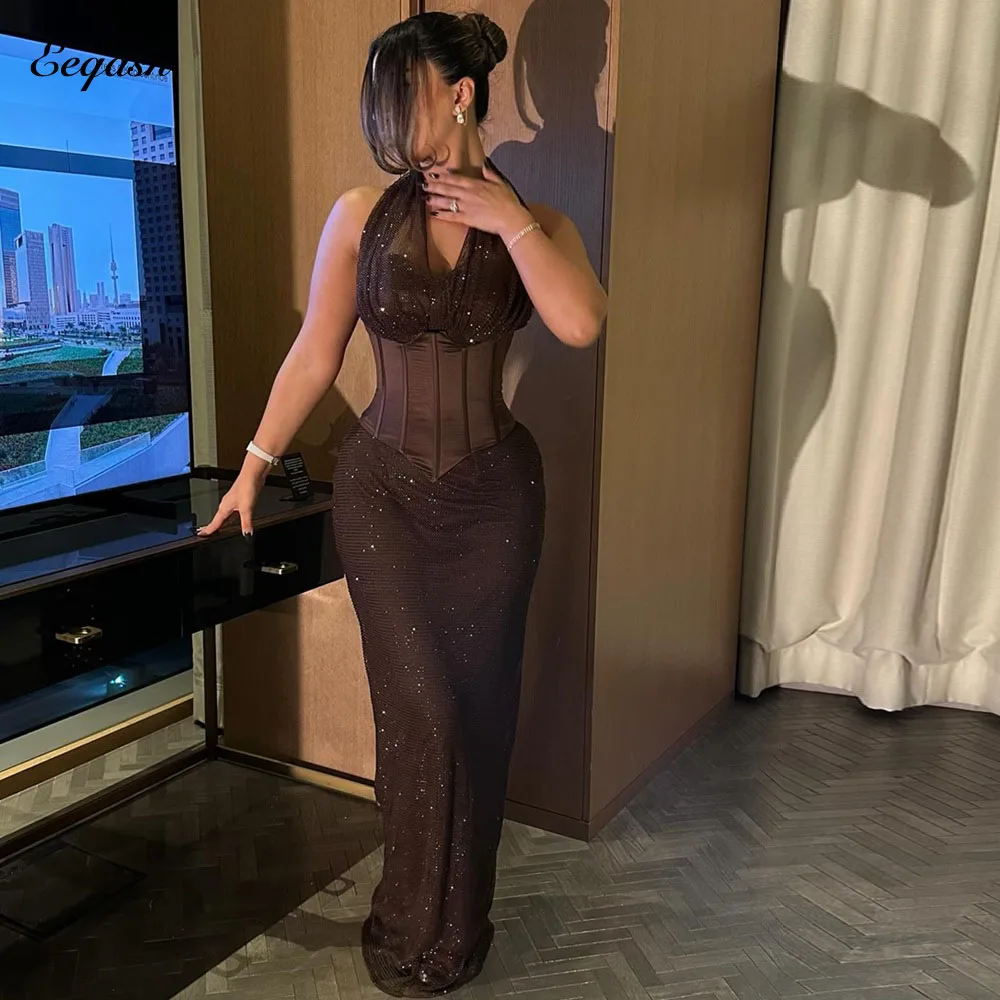 

Индивидуальное коричневое вечернее платье-русалка с вырезом халтер, длинное облегающее платье-корсет для дня рождения, вечерние наряды для торжеств