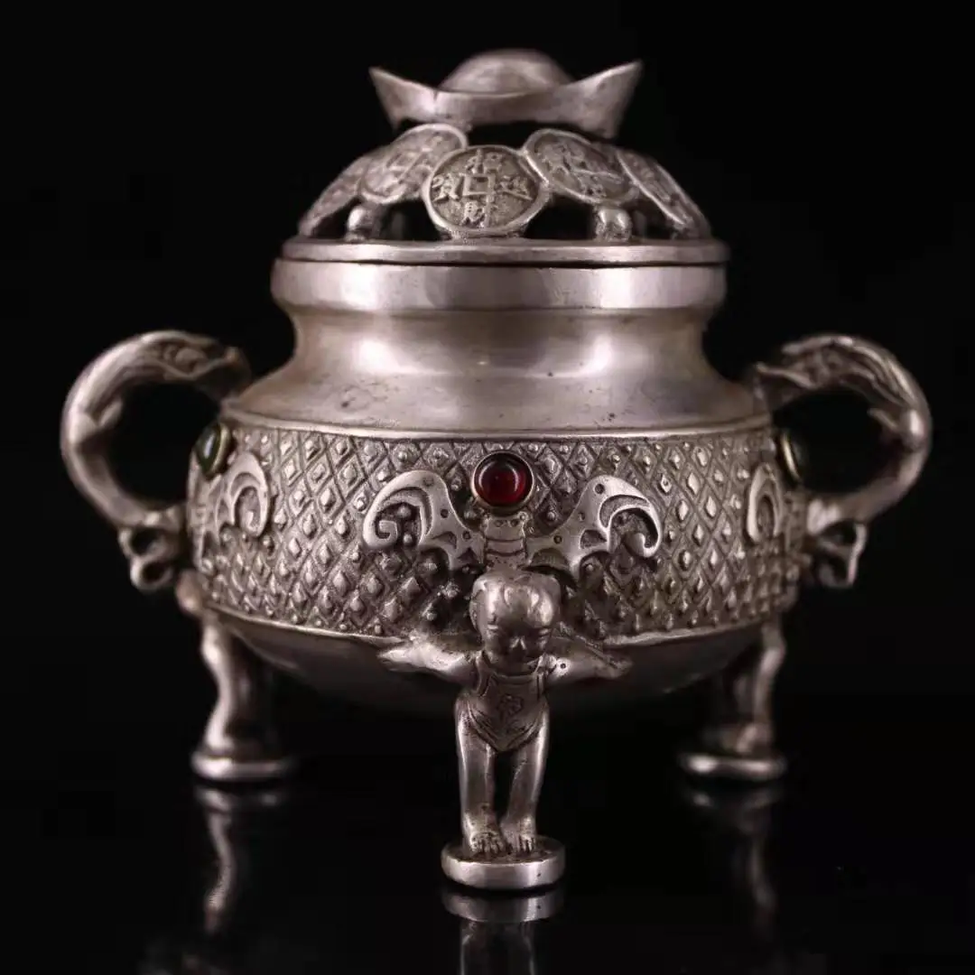 Chinese Exquisite Pure Copper Gilt Silver Stone Inlaid Fortune Censer Home Crafts Living Room Furniture Decoration