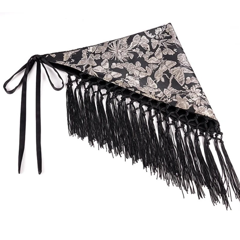 여성 레트로 삼각형 태슬 와이드 허리 벨트 장식 코르셋 드레스용 나비 꽃무늬 프린트 실크 리본