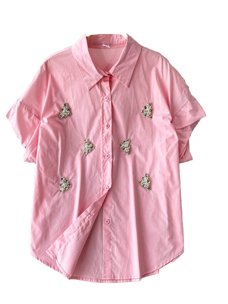 

White Lantern Sve irt Women's Loose Fit Decorative Heavy Embelliment Summer New Sle Korean Version Slimming Top
