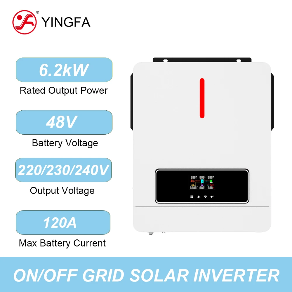 YINGFA 6.2KW MPPT Hybrid Solar Inverter Dual AC Output Pure Sine Wave On/Off Grid 230VAC PV 120A Solar Charge Controller