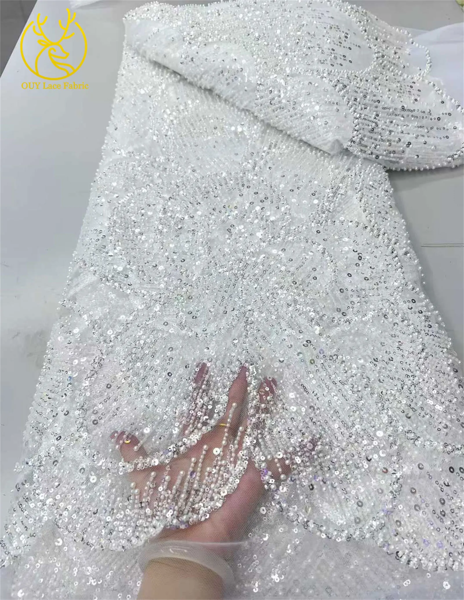 Marineblauer Luxus Hochwertiger Bestickter Perlen-Pailletten-Spitzenstoff Modischer Französischer Tüll-Netzstoff für Party und Hochzeit – Detail 16