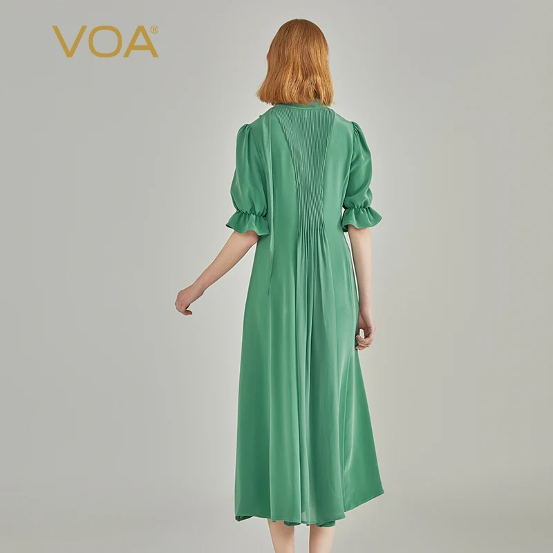 VOA Heavyweight Silk Standing Neck Lantern Short Sleeve Waist Wrapped Single Breasted Emerald Green Silk Dress AE2119