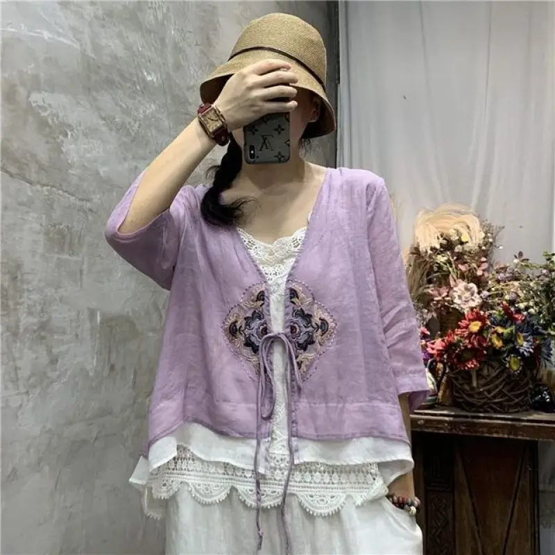 Summer Womens Cotton And Linen Embroidered Lace Up Cardigan Loose Top