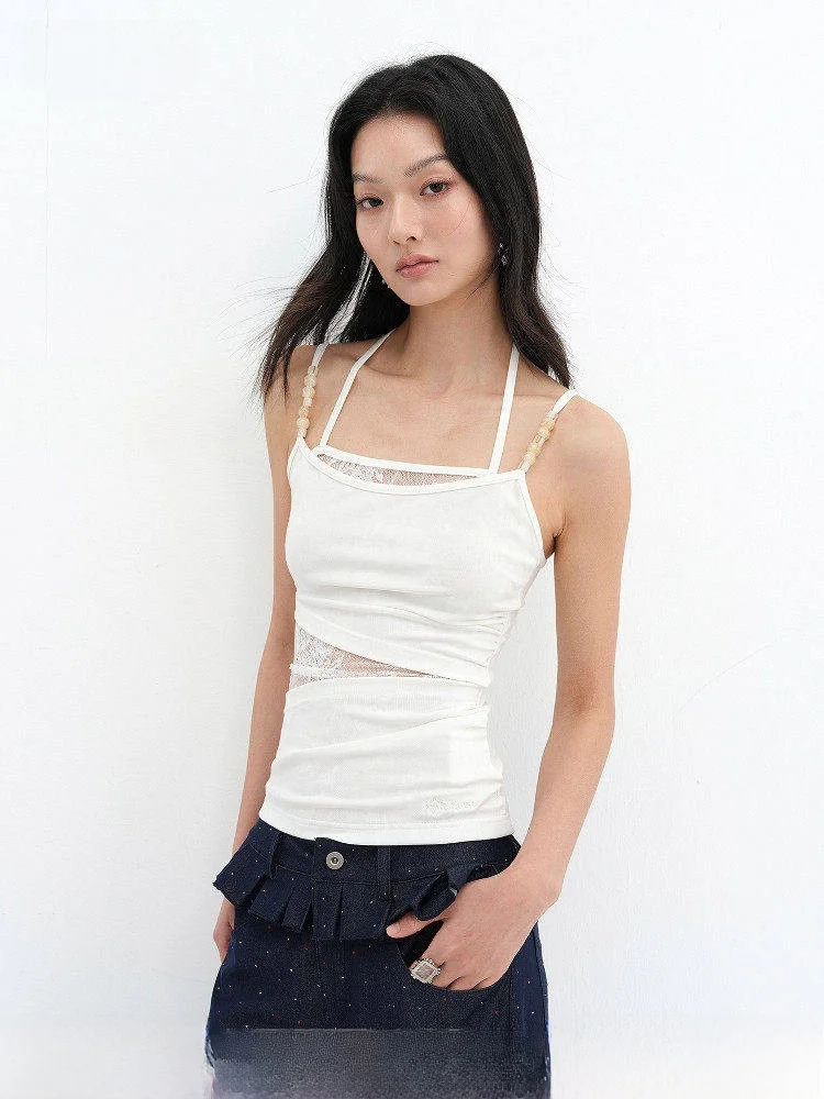 

Асимметричный шелковый жилет WAEW с кружевными бретелями, расшитый бисером, с вырезами, женский модный топ с высокой эластичностью и прямым подолом