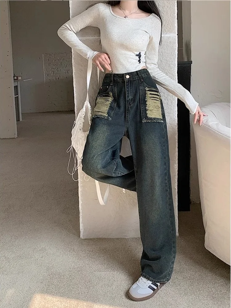 Taille haute jambe large américain rétro Denim pantalon ample pantalons longs pour poire aped femmes automne nouveau Sle taille haute droite...