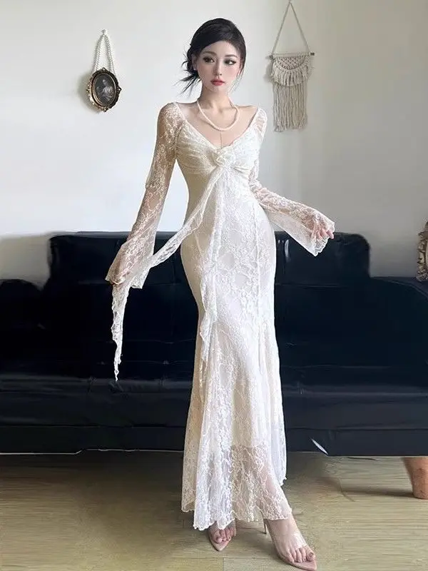 

Pure Desire Lace Dr женское весенне-осеннее Bell Sve сексуальное утягивающее длинное бальное платье с длинным хвостом и V Ne полной длины