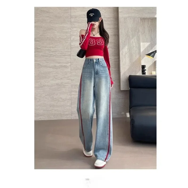 Women's Spring Pear-shaped Fashion Embroidery Mopping Pants Splicing and Contrasting Straight Leg Jeans High Appearance Level
