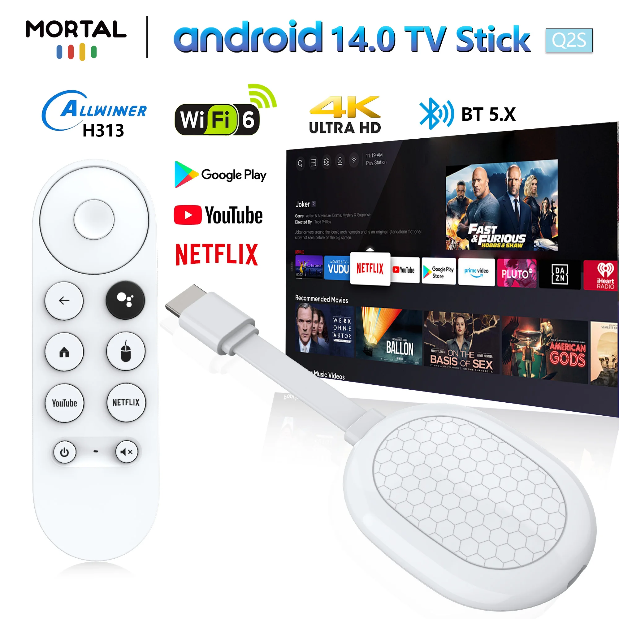 عصا تلفزيونية للبث المباشر تعمل بنظام Android 14 من Wifi6 Mortal Q2S Allwinner H313 رباعية النواة 1000M Smart 8K4K مسرح منزلي بلوتوث Chromecast Voice