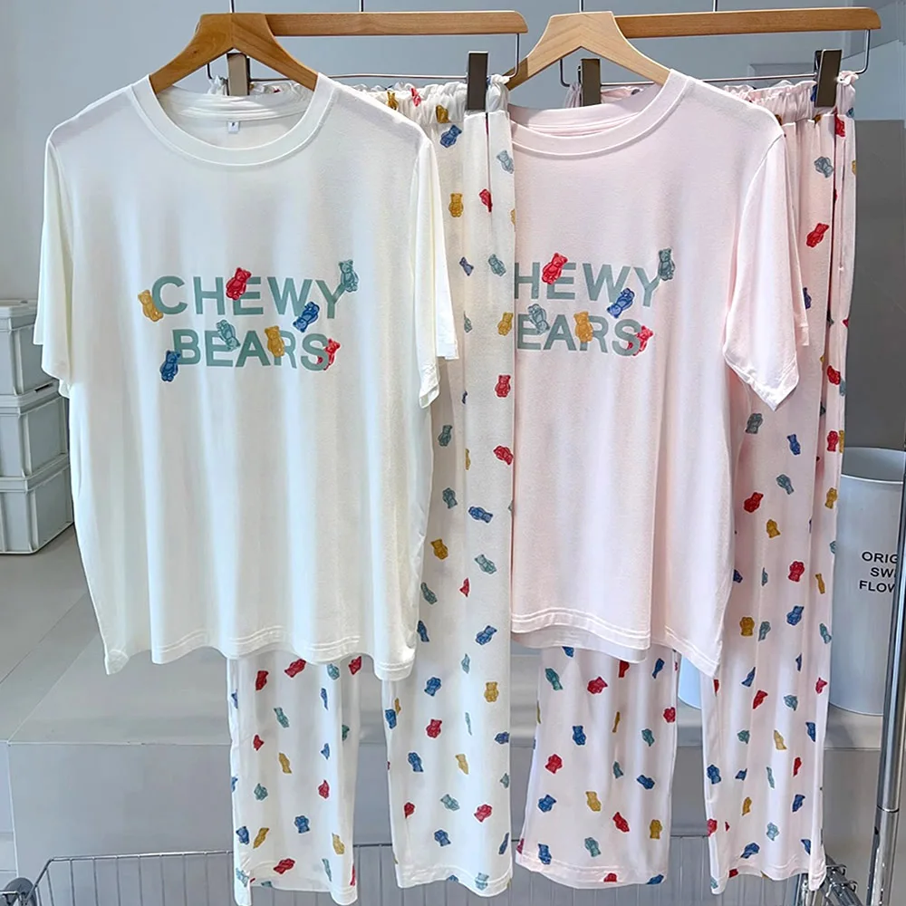 

M-XXXL Modal Women's Pajamas Short Sleeve Sleepwear Female Loose Long Pants Cartoon Home Wear Two Piece Set Breathable Summer