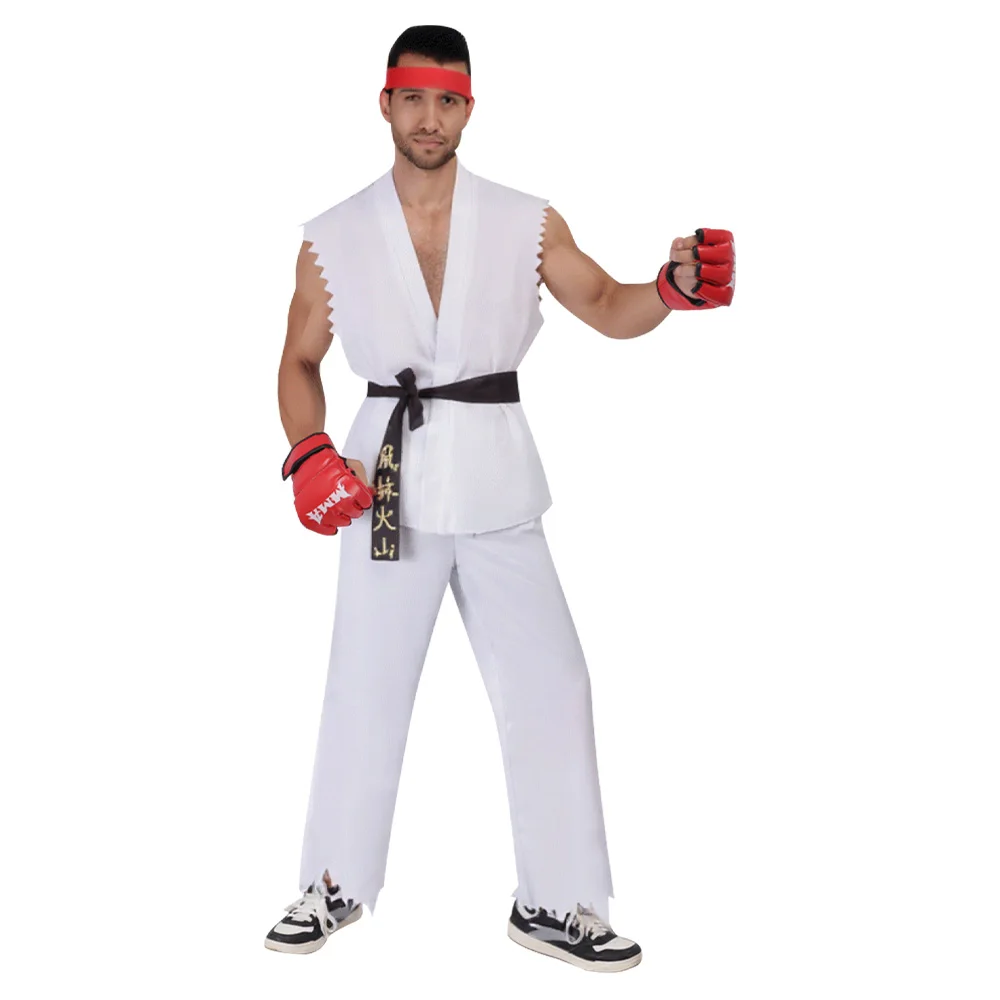 New 2026 Street Fighter Ryu and Ken Cosplay Costume White and Red Martial Arts Uniform with Belt Men's Karate Outfit for Adults view 3