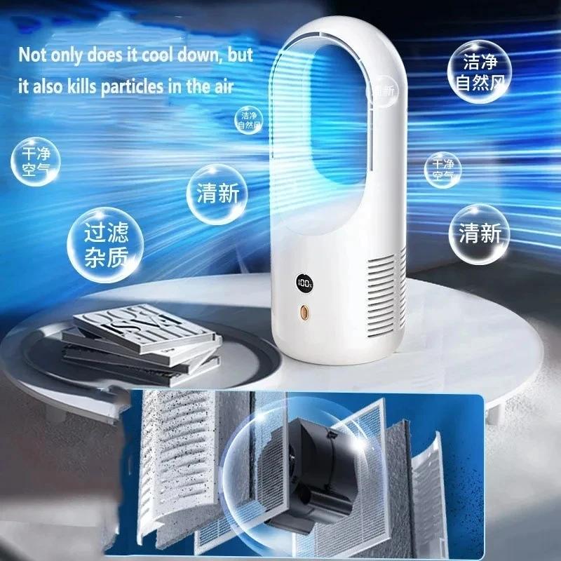 Bladeless Fan with LED Display, Desktop Fanless Blade Cooler, Ventilador para escritório, Ventilador silencioso portátil, Tipo-C de carregamento, Novo, 2024