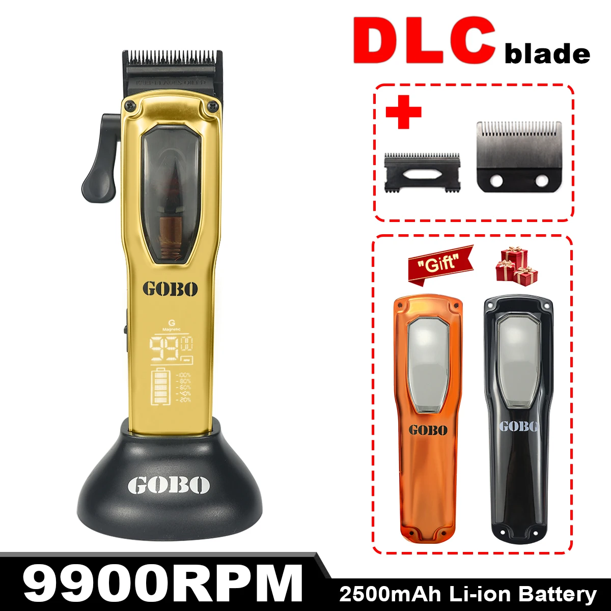 ماكينة قص الشعر الاحترافية GOBO 9900 دورة في الدقيقة للرجال مع ماكينة قطع LED محرك مغناطيسي شاحن قاعدة USB ماكينة تشذيب شفرة DLC