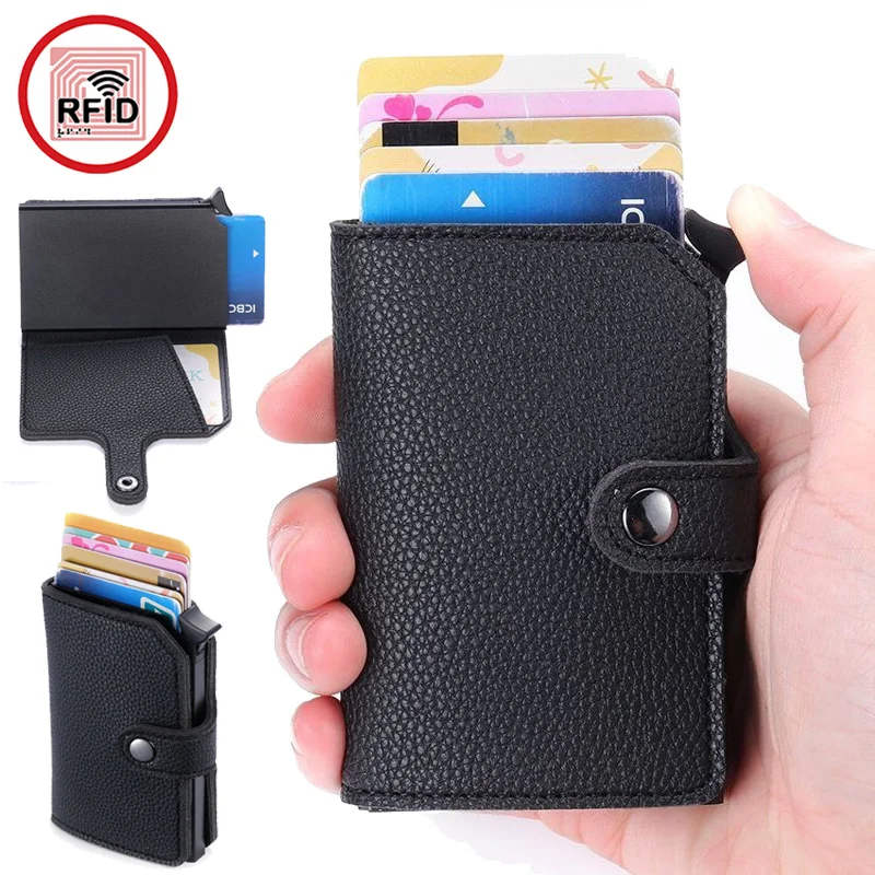 Men's Fashion RFID Blocking Credit Card Holder Portable Women's Business Card Wallet PU Leather Aluminum Purse Father's Day Gift
