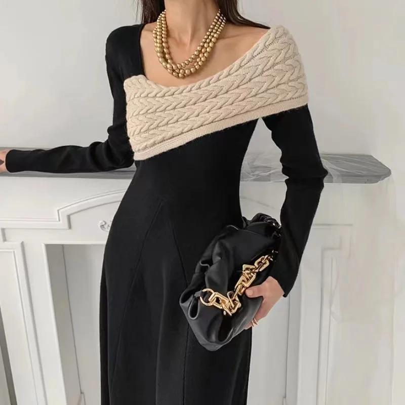 Chic Fashion Design Autumn Spring Knitting Midi Dress Elegant Women V Neck Black Patchwork Long Sleeve Slim Waist Sweater Dress