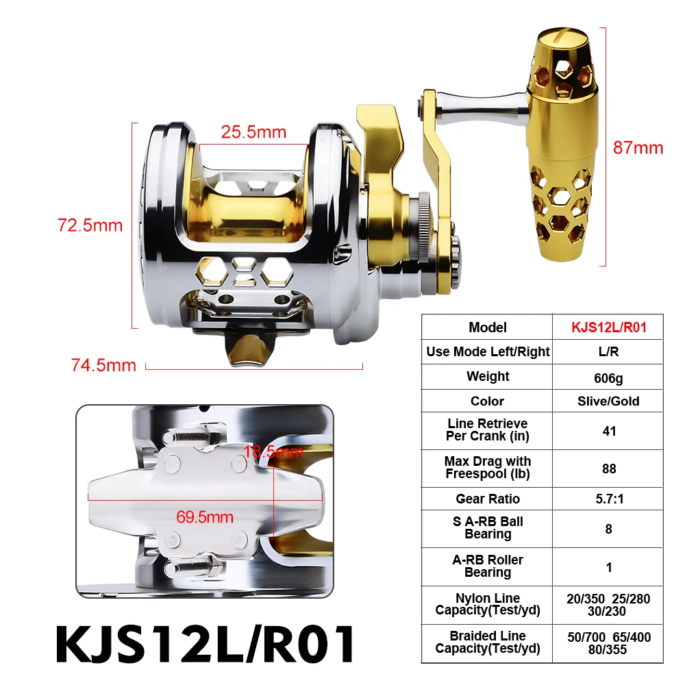 KATYUSHA 5.7:1 Gear Ratio Saltwater Jigging Reel Gold&Silver Trolling Reels (Left/Right-Hand) Aluminum CNC Machined Reel Pesca