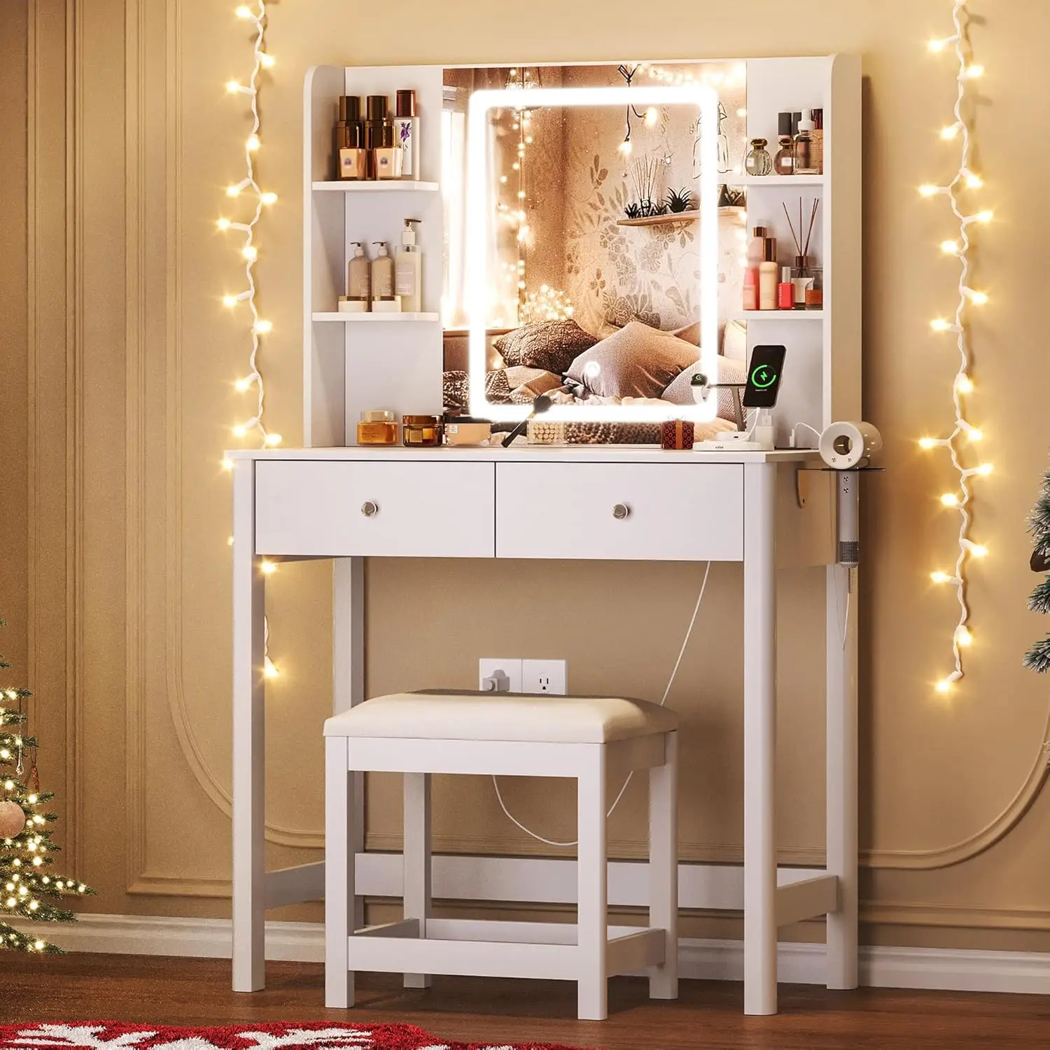 White Small Makeup Vanity Table Set with Mirror, LED Lights, Drawers, Chair and Power Outlet for Girls' Bedroom