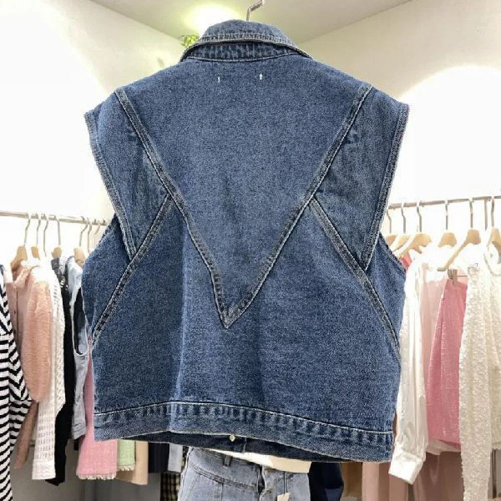 Women Denim Vest Chic Lapel Casual Button Sleeveless Jean Coat Female Solid Color Temperament Tank Top Vintage Fashion Waistcoat