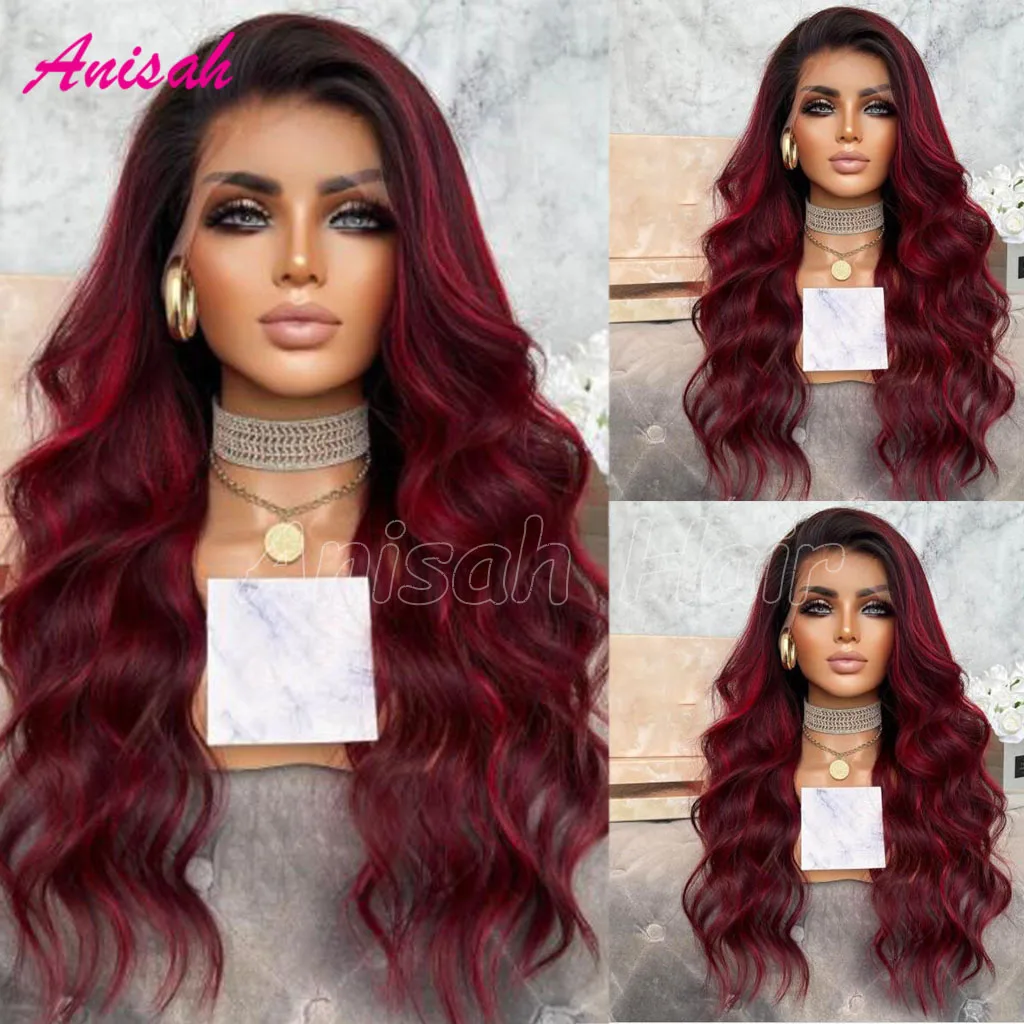 

Ombre Red Human Hair Wigs Brazilian Body Wave 1B/Burgundy Lace Front Wigs Glueless HD Transparent Lace Wigs For Women