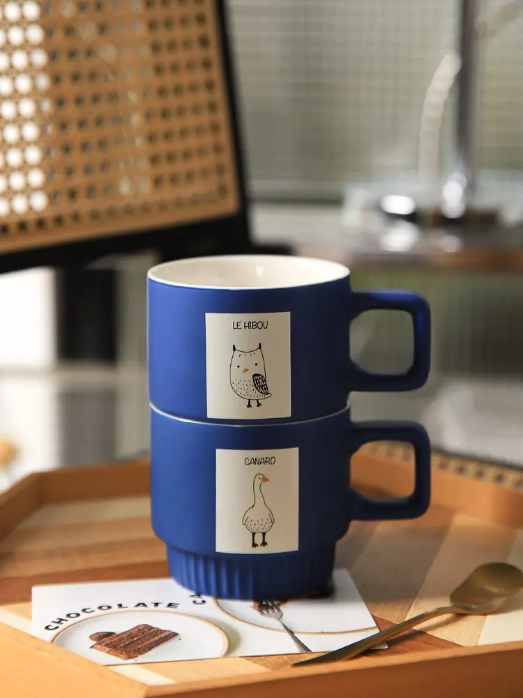 Ceramic 320ML 425ML Coffee Mugs Klein Blue 2022 Ins Popular Cartoon Animal Hedgehog Rabbit Owl Printed Home Office Drinkware