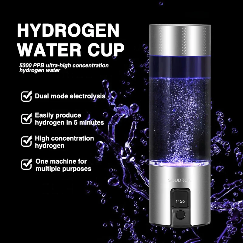 6000ppb Hydrogen Rich Generator Alkaline Hydrogen Maker Water Filters Glass Bottle H2 Water Cup Ionizer Blue Light Water OEM