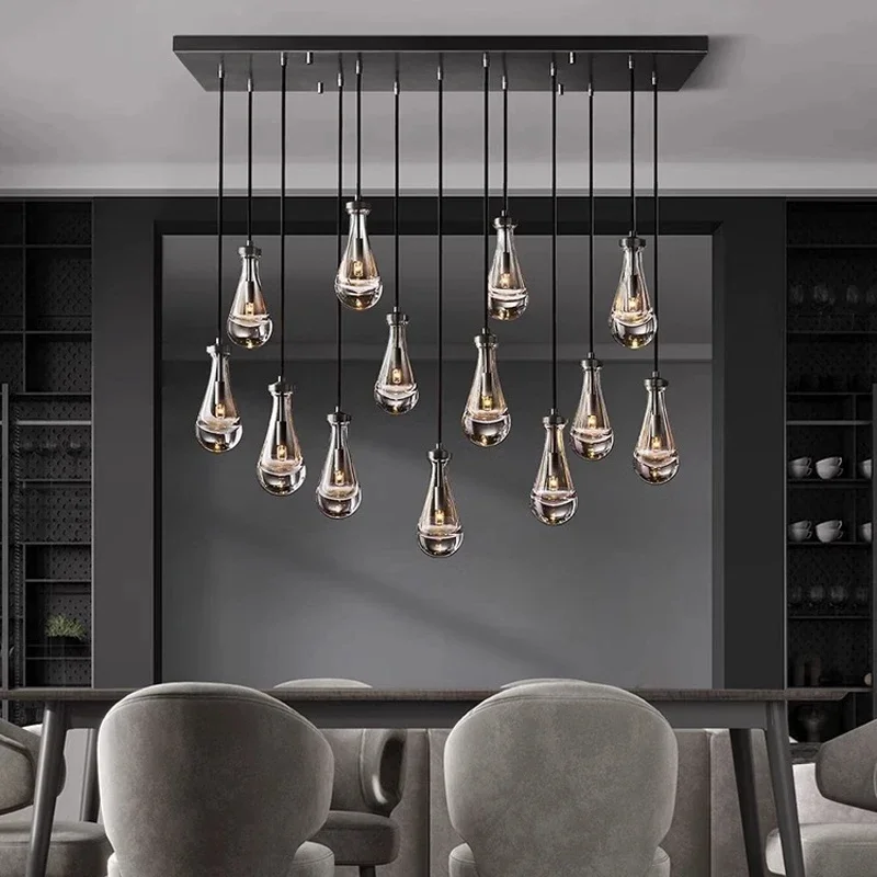 

New Copper LED Pendant Light, Modern Lobby Waterdrop Glass Light, Home Decoration, Hotel Villa Glossy Staircase Ceiling Lamps