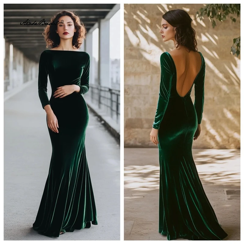 

Custom Emerald Velvet Evening Gown, Boat Neck Backless Dress, Long Sleeve Luxury Formal Gown