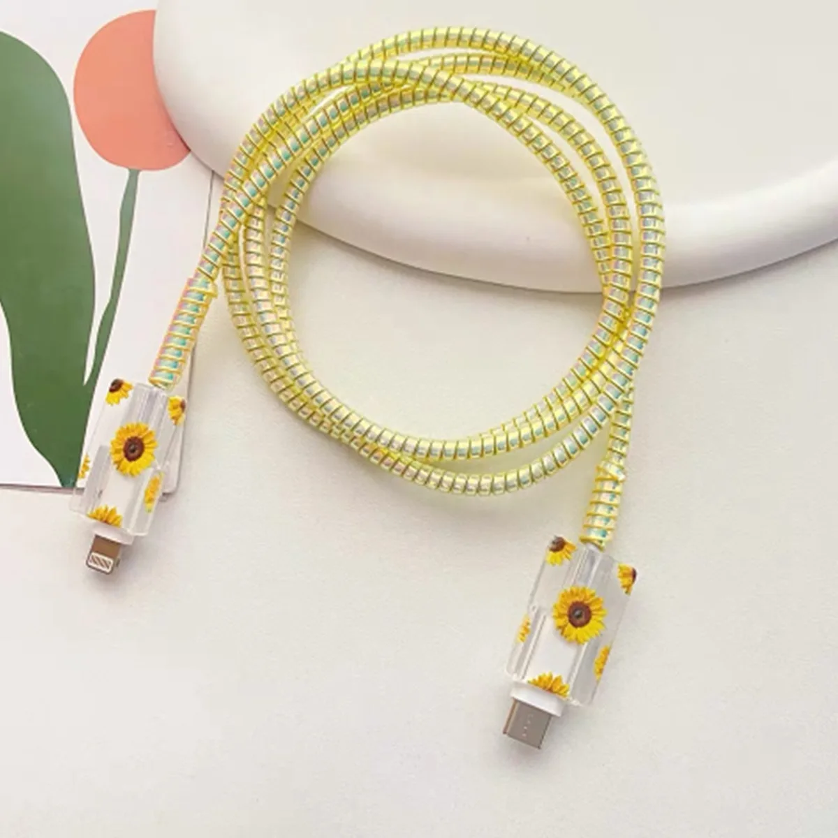 Yellow Sunflower Charging Data Cable Protector For iPhone 18/20w Charger Protective Cover Winder Accessories 5pcs