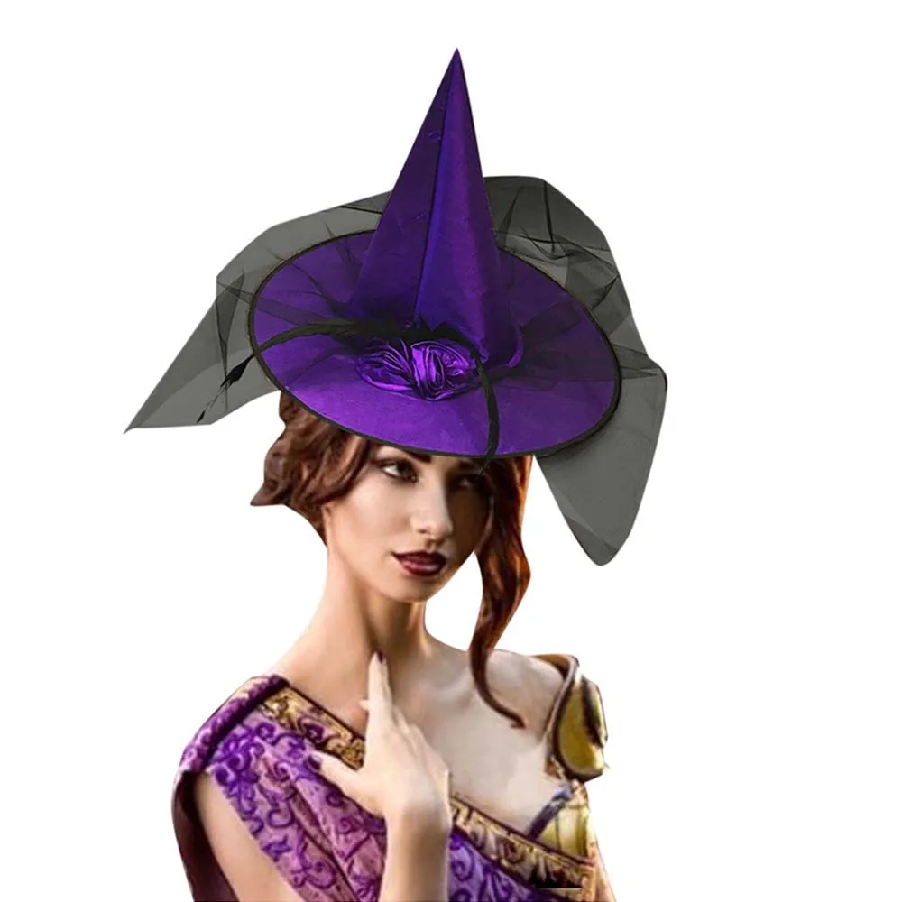 

Large Halloween Party Rose Flower Sharp Corner Children Women Pumpkin Cap Wizard Hat Ruched Witch Hat Cloth