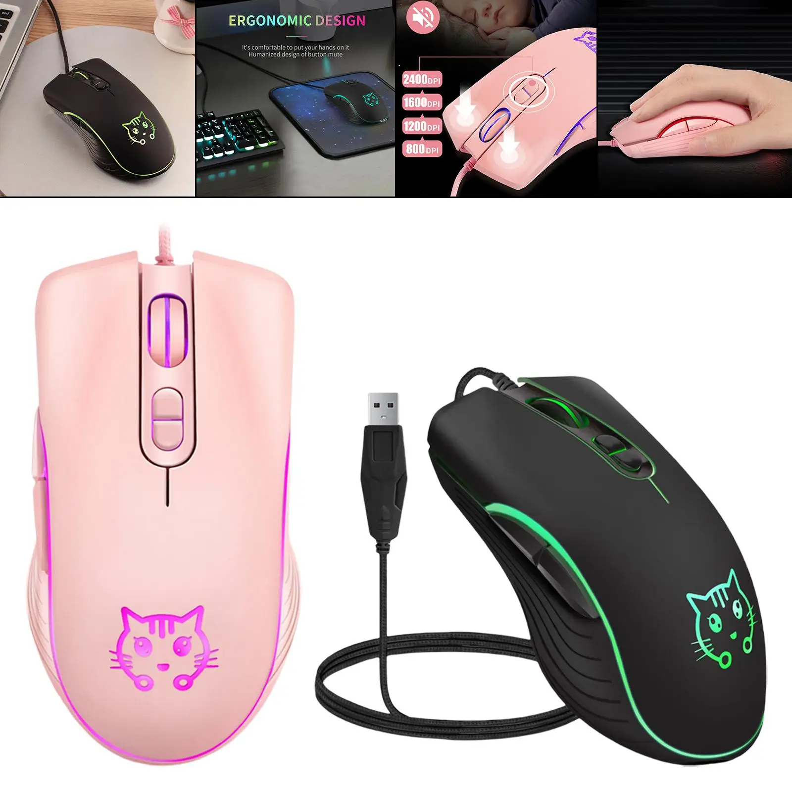 Cute Wired USB Gaming Mouse Breathing Lights 6 Button RGB Anti-Slip Ergonomic