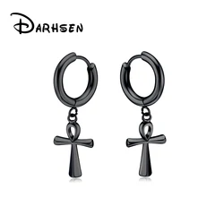 DARHSEN Unisex Women Men Ankh Crux Ansata Egyptian Cross Stud Earring Black Silver color Stainless Steel Fashion Jewelry Gfit