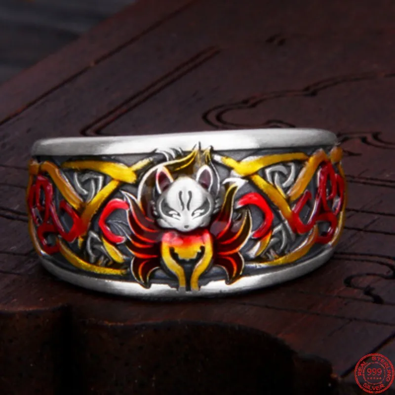 S999 Sterling Silver Rings for Women New Women's Fashion Enamel Peach Blossom Nine-tailed-fox Vintage Ethnic Style Jewelry