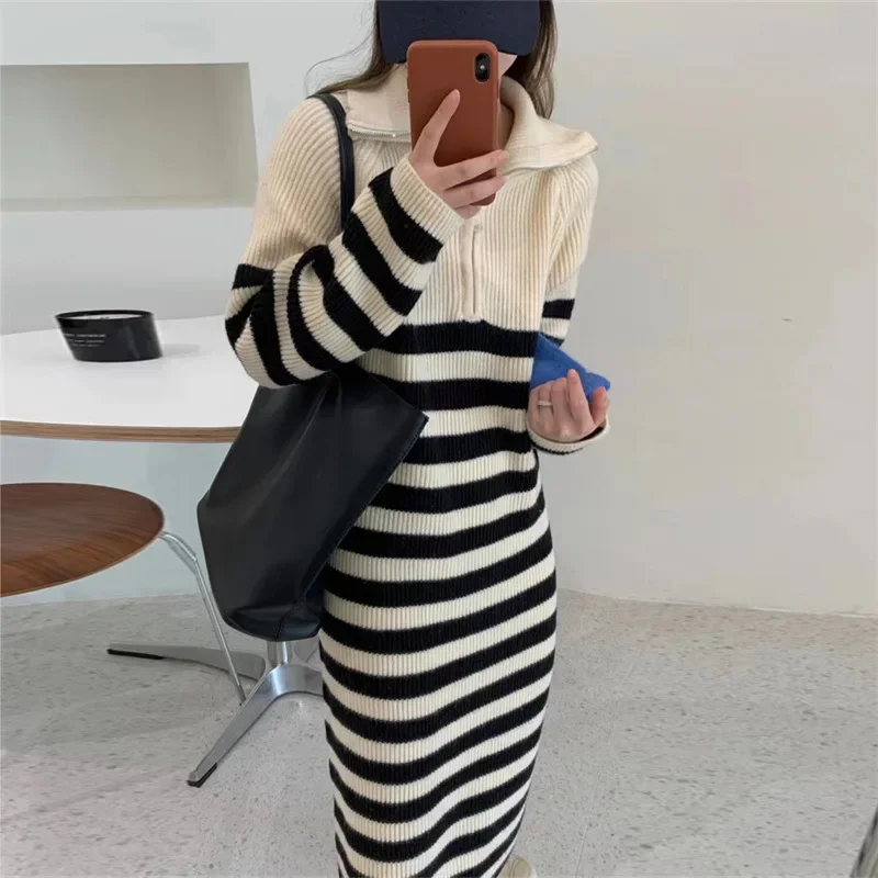 

Korean Chic Big Lapel Zipper Stripe Mid Length Knit Dress Autumn Winter Pullover Long Sleeve Loose Warm Women Dress 2023 New