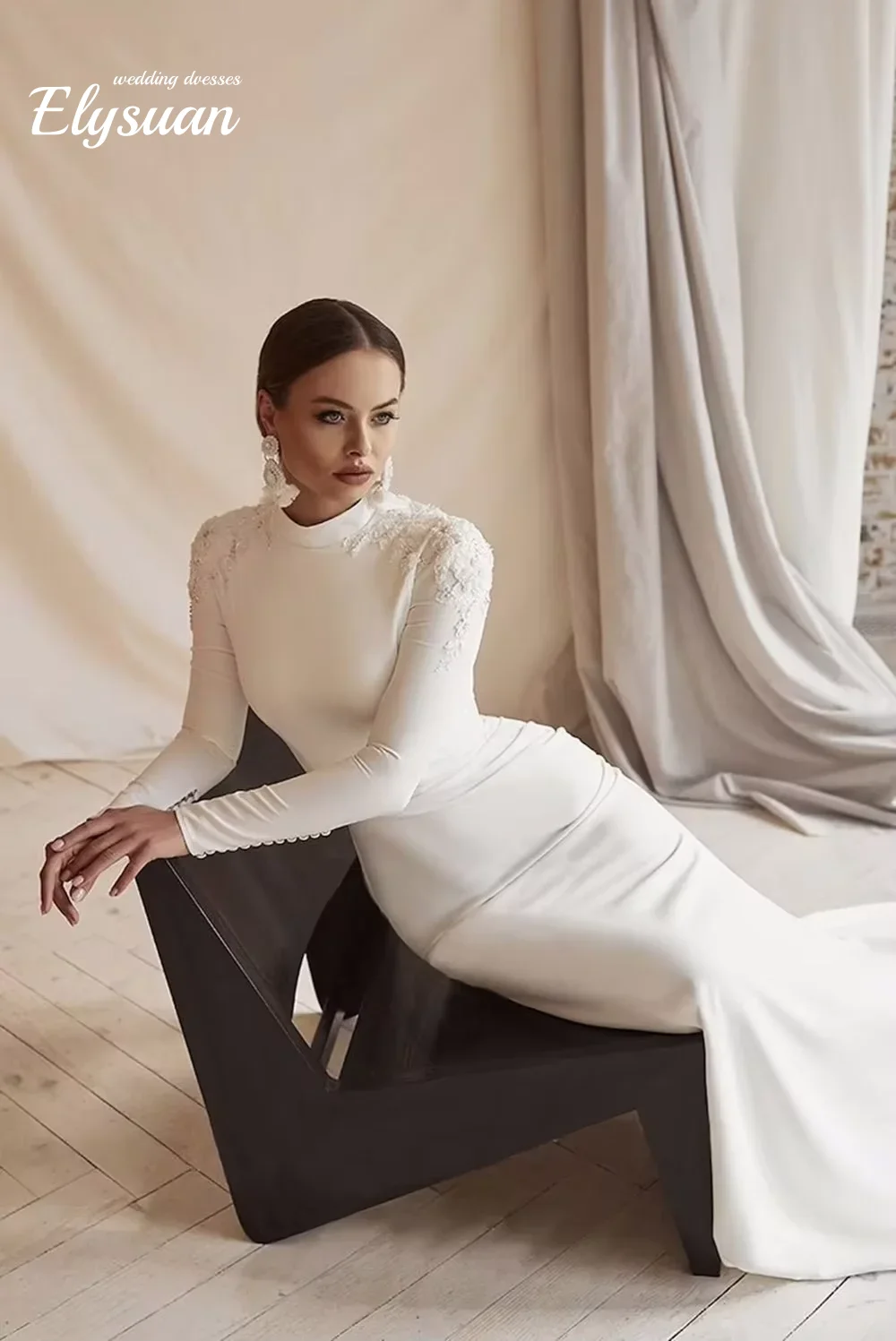 تخصيص مسلم الرقبة العالية يزين فستان زفاف حورية البحر كم طويل الديكور فستان الزفاف زر سويب تراين Vestidos De Novia