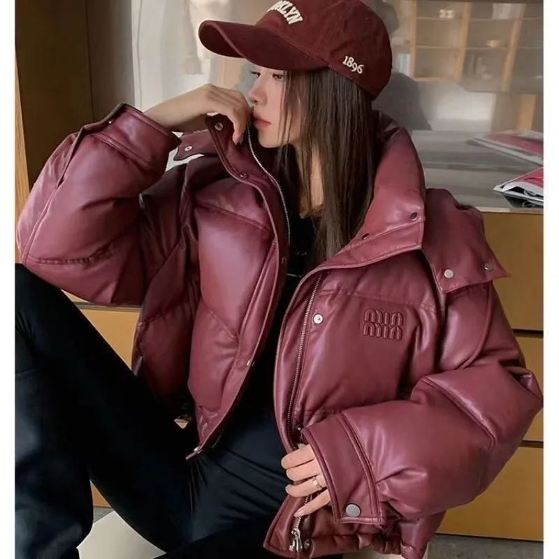 PU Leather Wintertime Short Female Disposable Hooded Down Jacket Loose New Style Fashion Bread Maillard Coat Leather Jacket