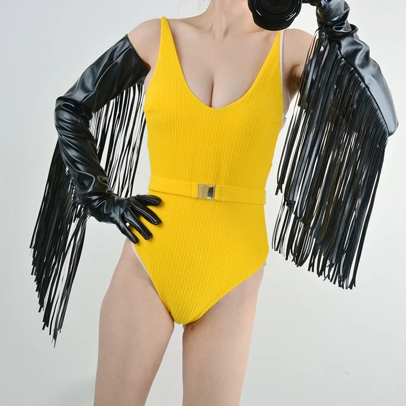 1 Paar Faux Pu Leder schwarz extra lange Fransen Quaste Arme Voll finger Quaste Abendkleid Handschuhe Damen handschuhe Touchscreen